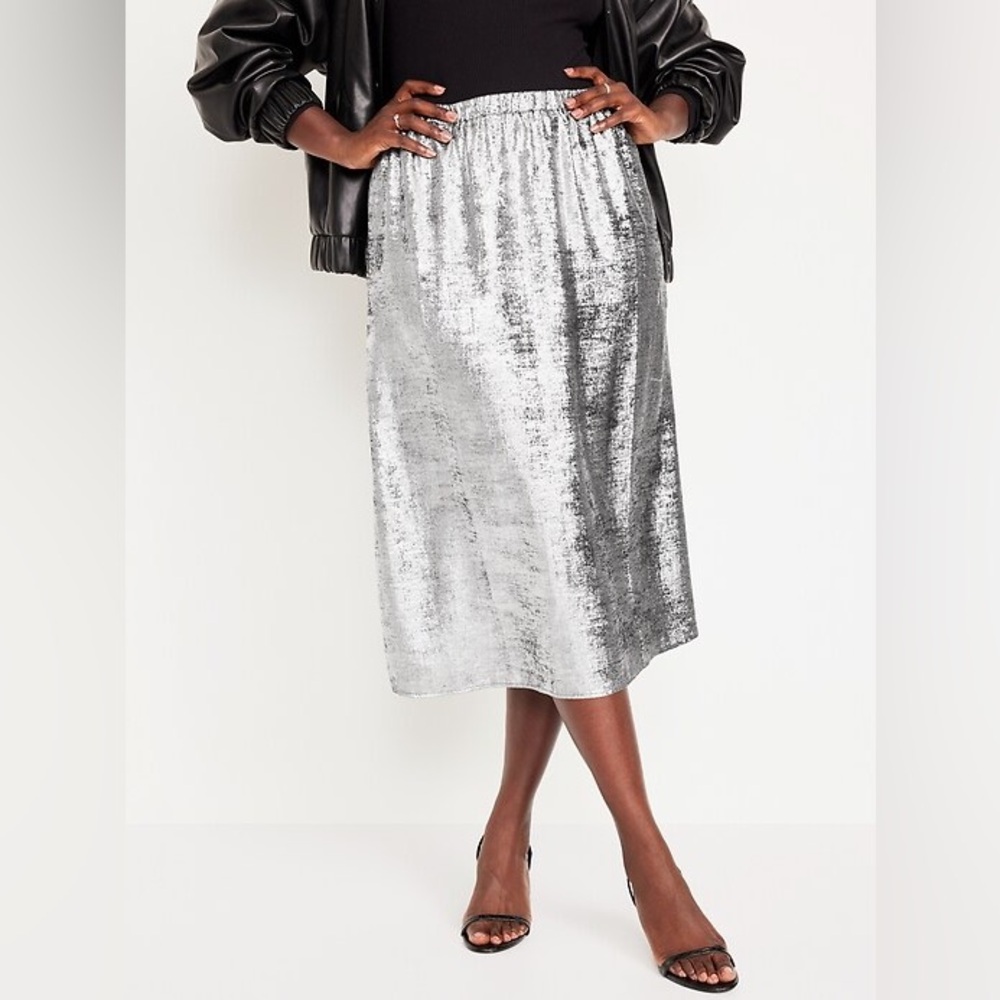 Old Navy A-line Midi Skirt Silvery Silver Size Large Metallic Elastic Pockets